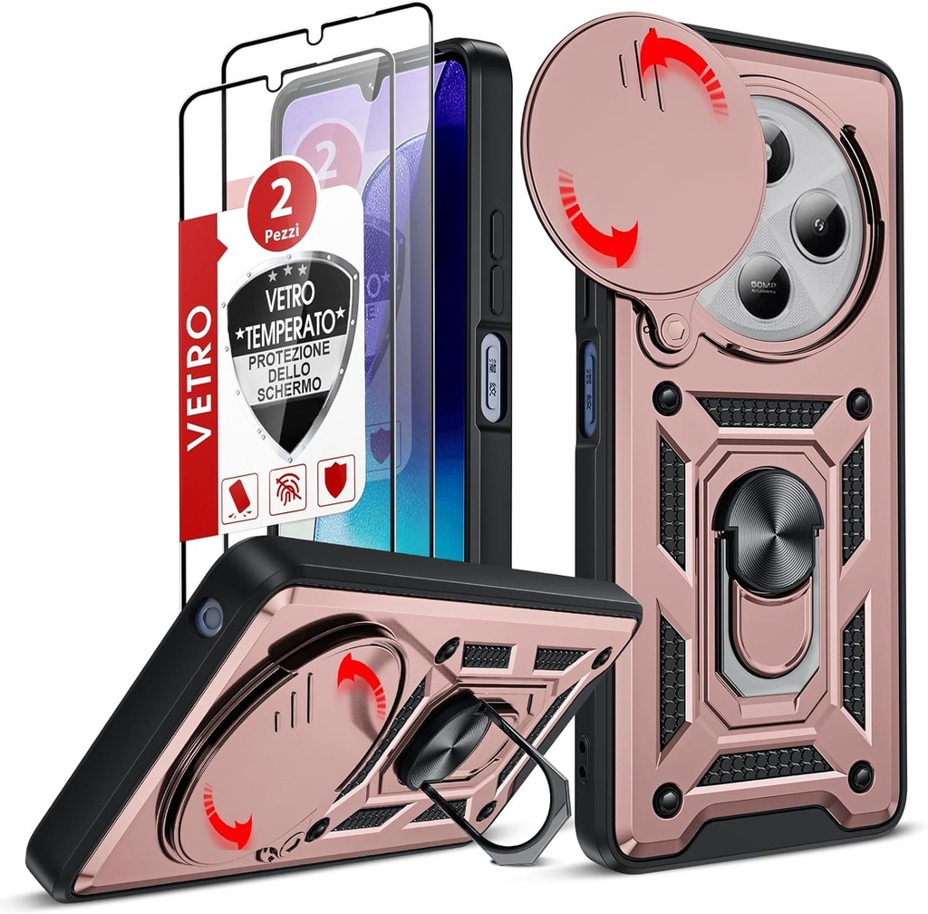 Husa LeYi pentru Xiaomi Redmi 14C/14 C 4G rezistenta la socuri cu 2*sticla temperata+camera glisanta cu protectie completa, suport pentru inel, carcasa rigida pentru PC si husa militara anti-zgarieturi din silicon TPU,roz