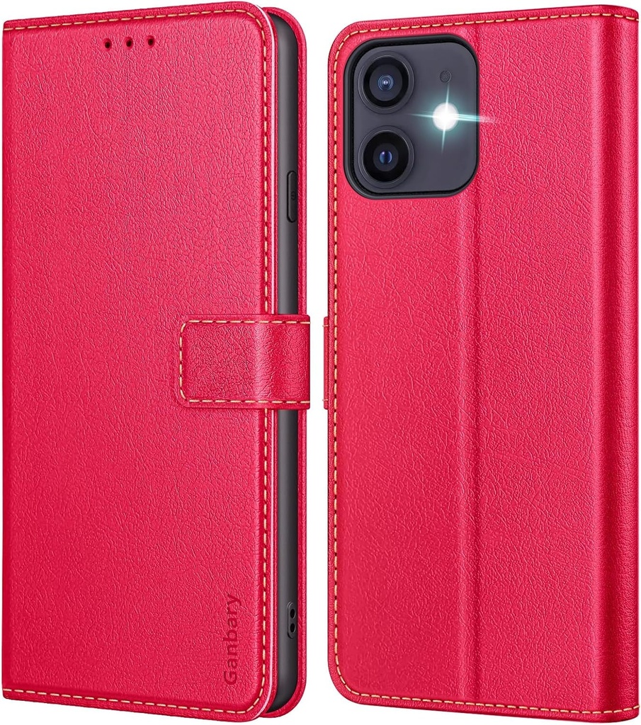 Husa Ganbary pentru iPhone 12/12 Pro, husa din piele premium [Sloturi pentru card] [Inchidere magnetica] [Functie suport] Compatibila cu husa de protectie iPhone 12/12 Pro, rosu