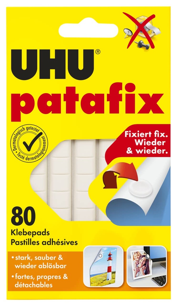 UHU patafix, tampoane adezive detașabile și reutilizabile, albe, 80 buc