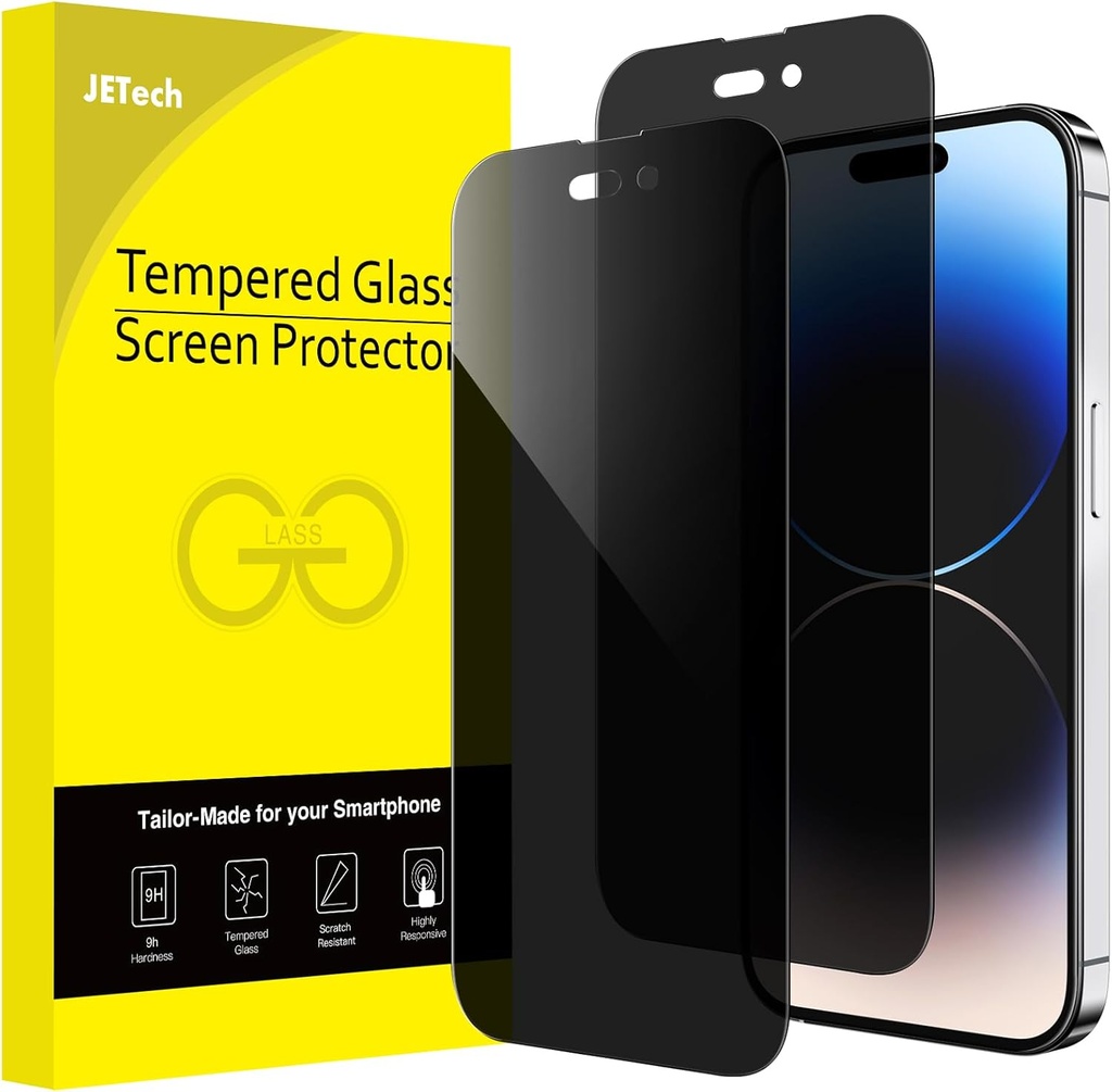 Protector de ecran de confidențialitate JETech pentru iPhone 14 Pro 6,1 inchi, Film din sticlă securizată anti-spion, Protector de ecran de la margine la margine, fără impact asupra carcasei, pachet de 2