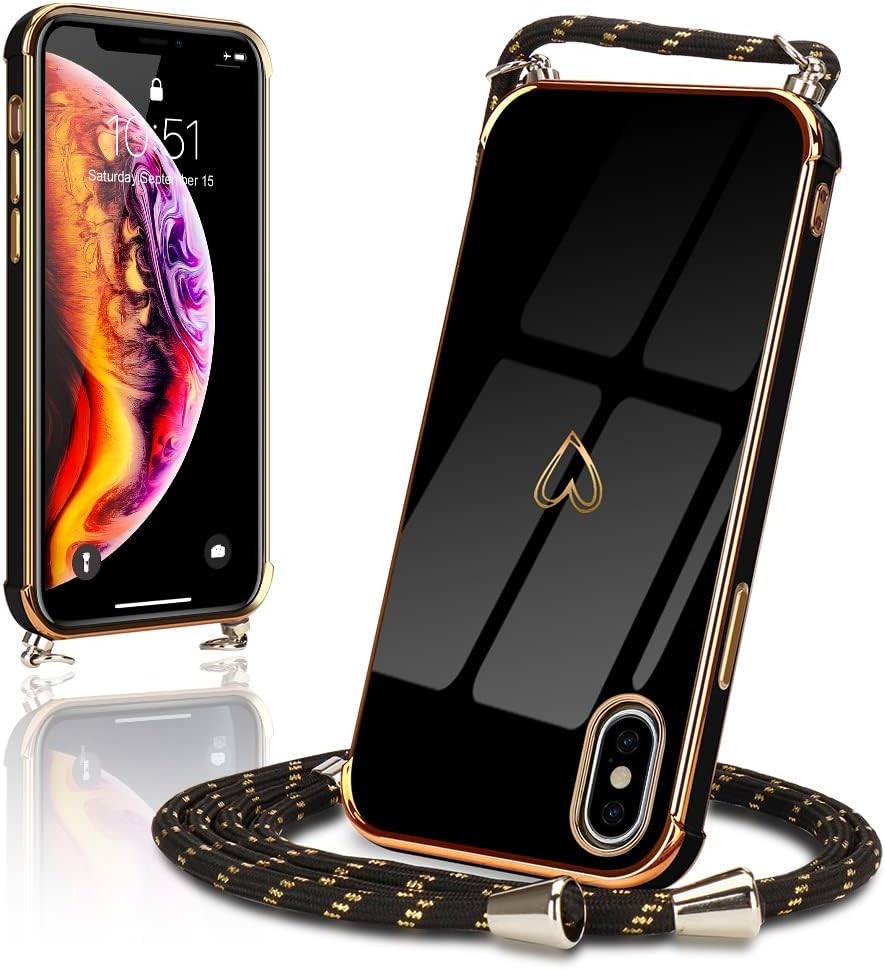 Husa Micoden pentru iPhone X cu colier reglabil Husa din silicon pentru iPhone XS cu model dragut de inima Husa antisoc cu cureaua pentru gat Snur din franghie pentru iPhone X/XS (negru)