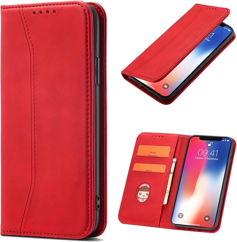 Husa OKZone pentru Samsung Galaxy A10, husa portofel din piele PU Husa magnetica cu rabat cu bara de protectie TPU rezistenta la socuri [Sloturi pentru card] [Functie suport] (rosu)