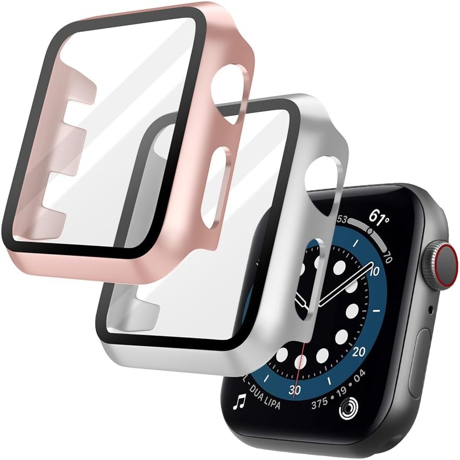 OFFCUP Husa rigida cu protectie pentru ecran din sticla, pachet de 2 huse de protectie universale pentru Apple Watch Series 3 / Series 2 38 mm, husa de protectie ultra-subtire pentru PC cu protectie pentru ecran din sticla temperata, rezistenta la zgarieturi (aur roz)