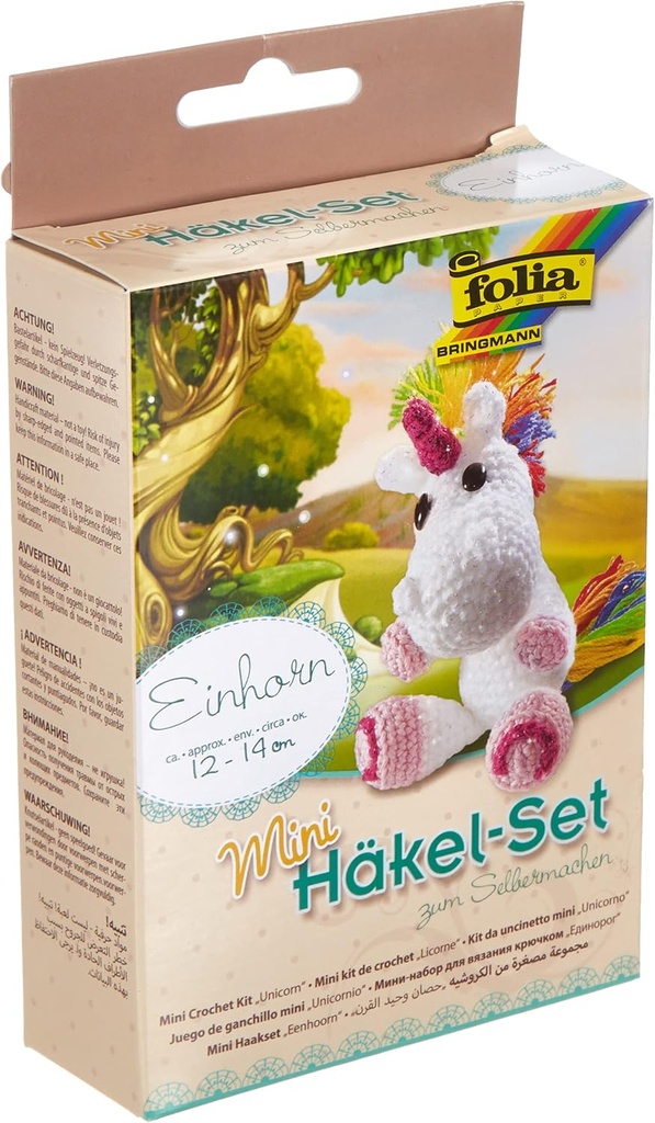 folia 23910 - Kit Mini Crochet Unicorn, set complet pentru crearea unui drăguț unicorn croșetat, aprox. 12 - 14 cm inaltime, pentru copii de la 8 ani si adulti, cadou