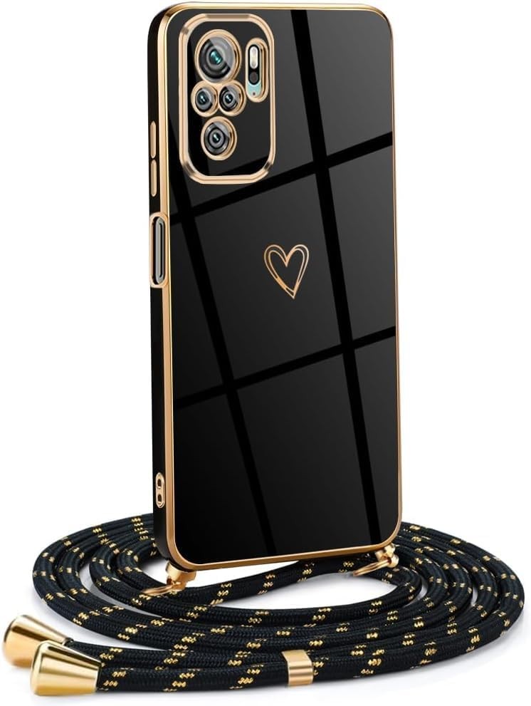 Lant pentru telefoane mobile pentru femei si fete compatibil cu Xiaomi 13 5G - Husa din silicon cu curea - Husa pentru telefon mobil pentru Xiaomi 13 5G Heart Love Design Electroplating - in negru auriu