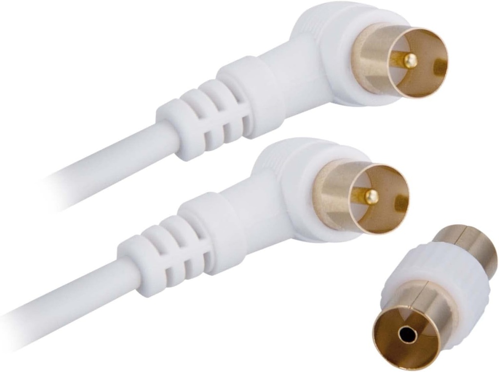 Cablu antena TV apm 9,52 mm, inclinat 2 metri, conectori tata/tata aurii, cablu coaxial alb 90° cu adaptor mama/fema inclus, compatibil cu decodor TV TNT priza de perete de 9,52 mm, 408018