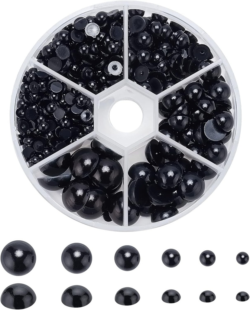 PandaHall margele de perle negre cu spate plat, 690 buc perle jumatate rotunde 6 dimensiuni Cabochon de perle pentru bricolaj Scrapbook carcasa telefonului mobil, decor nunta Accesorii pentru unghii pentru par, ochi de papusa, 4/5/6/8/10/12mm