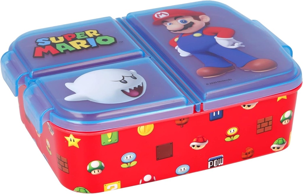 Super Mario | Tupper cu 3 compartimente pentru copii - Recipient pentru alimente pentru copii - Recipient pentru gustări - Tupper decorate