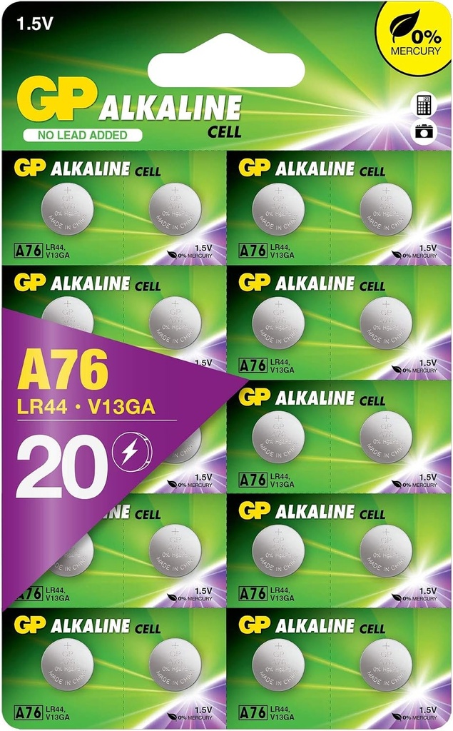 GP Extra LR44 buton alcaline, 20 baterii LR44 (compatibile cu V13GA, AG13, A76, L1154f), 1,5 V, fara mercur (pachet blister original, detasabil individual)