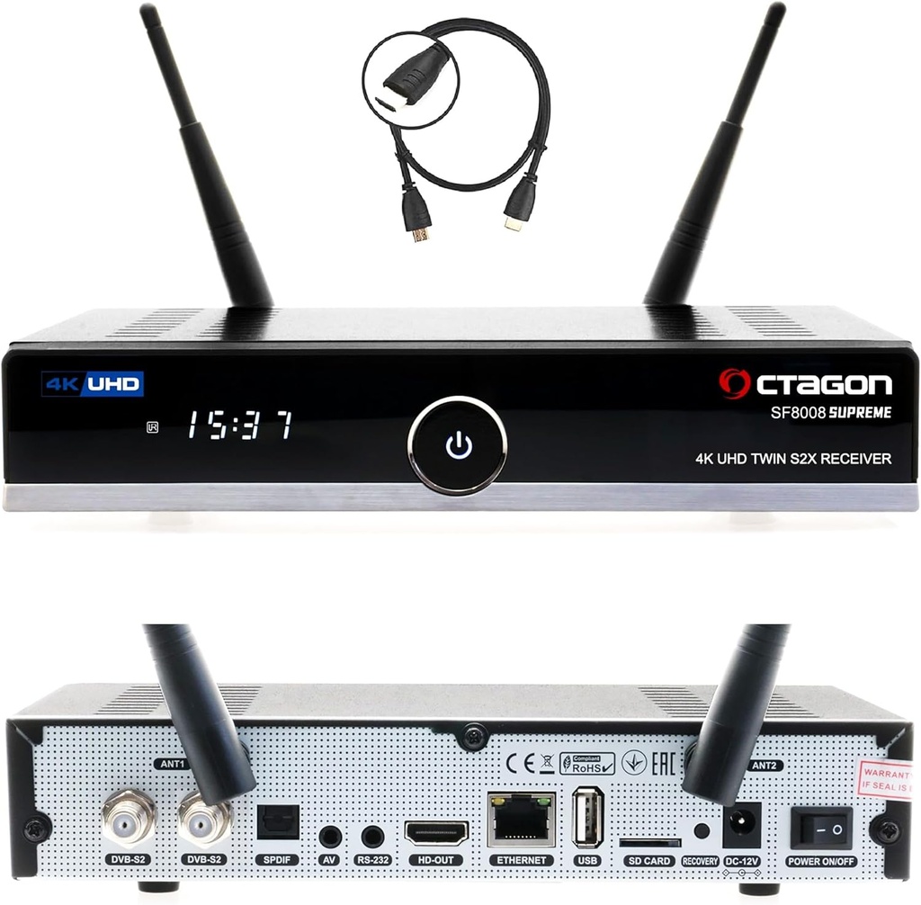 Receptor OCTAGON SF8008 UHD 4K Supreme Twin Sat, 2x tuner DVB-S2X, E2 Linux & Define OS, cu funcție de înregistrare, M.2 M Key, Gigabit LAN, Bluetooth, cititor de carduri, Sat to IP, multistream, WiFi WLAN