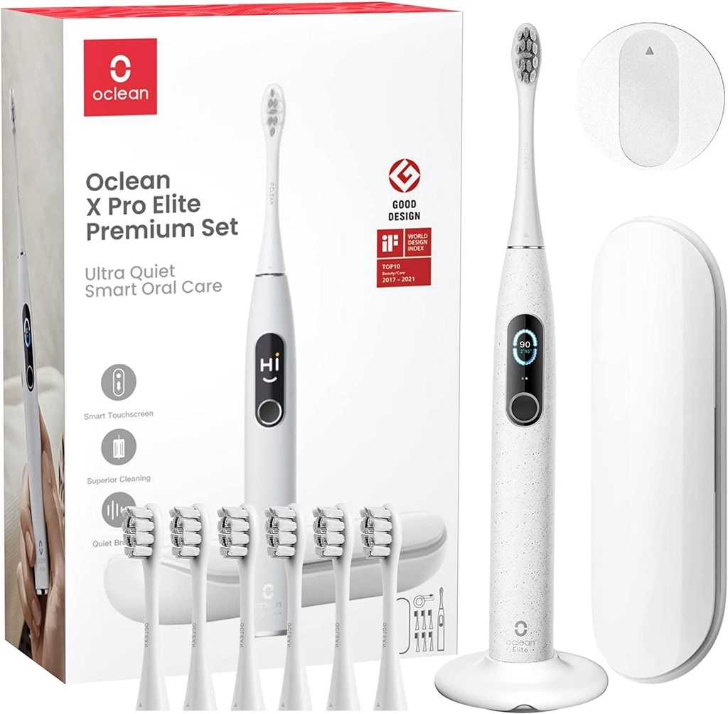 Periuță de dinți electrică Oclean X Pro Elite cu 6 capete de perie și husă de călătorie, periuță de dinți sonică cu afișaj color, experiență de periaj ultra-silențioasă, autonomie de 35 de zile, cu temporizator, senzor de presiune și aplicație, gri