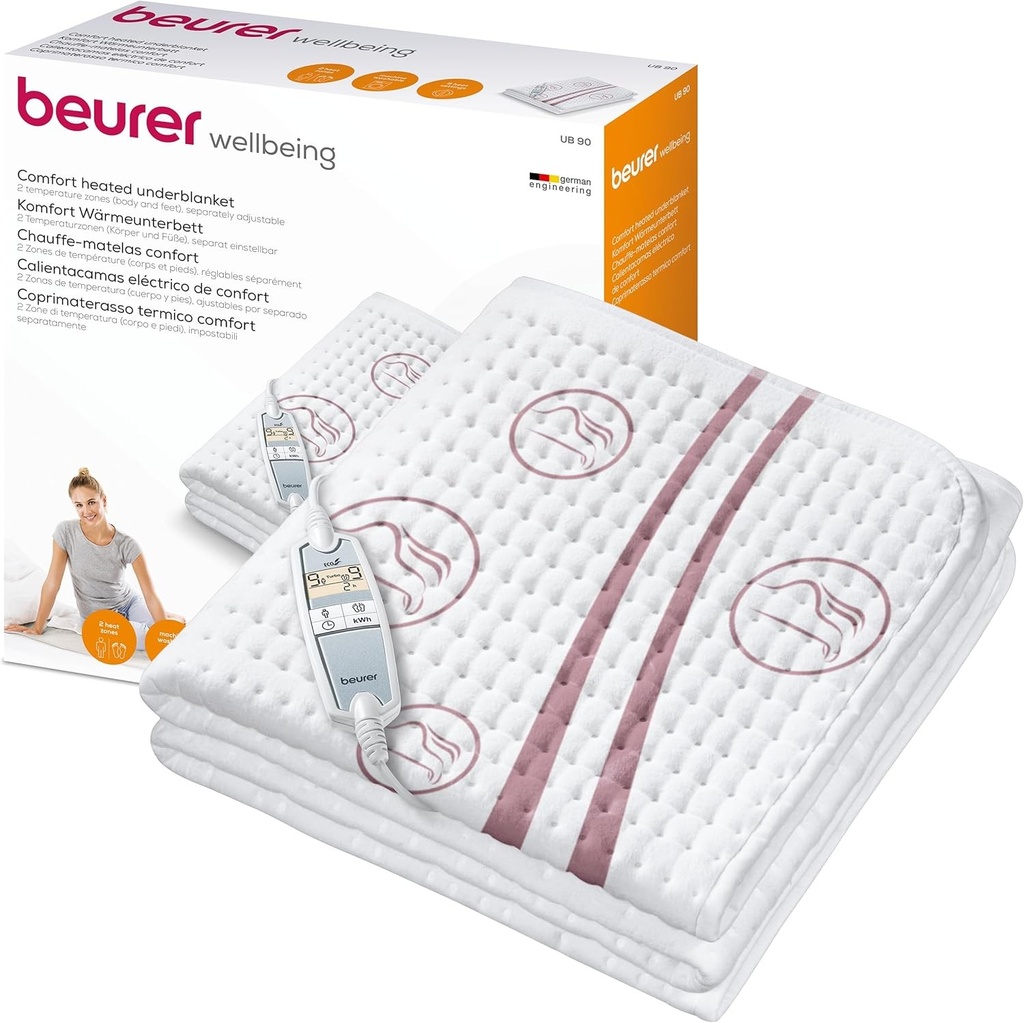 Patura de interior incalzita Beurer UB 90 Comfort, patura incalzita, cu doua zone de temperatura si 9 setari de temperatura fiecare, cu comutare automata inapoi si Eco-Control, 150 x 80 cm, lavabila la masina, 75 wati