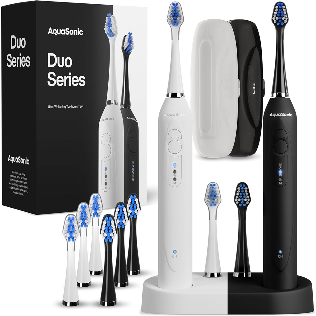 Aquasonic Duo Periuțe de dinți electrice ultra-albitoare cu mâner dublu cu 40.000 VPM, încărcare fără fir – 10 capete de perie Dupont și 2 huse de călătorie incluse Alb