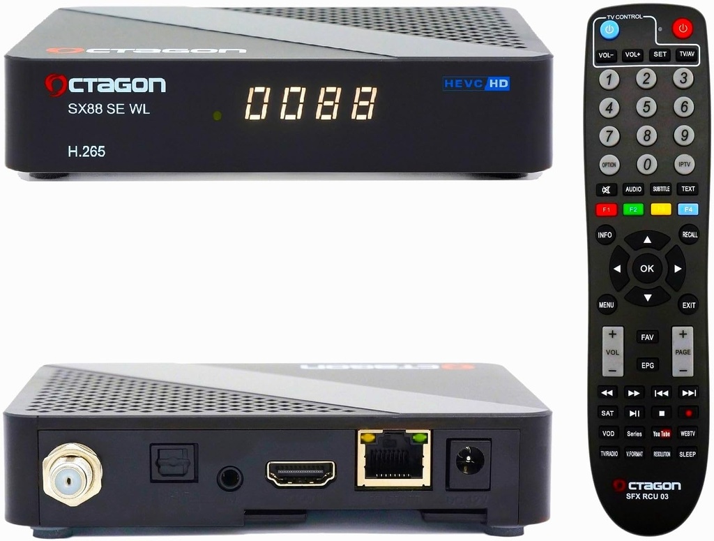Receptor satelit Octagon SX88 SE V2 WL HD S2+ IP Linux cu funcție de înregistrare PVR, cutie TV prin satelit HDTV DVB-S2, LAN și WLAN/WiFi, Unicable, bibliotecă media, YouTube, radio prin internet, scanare oarbă, cititor de carduri