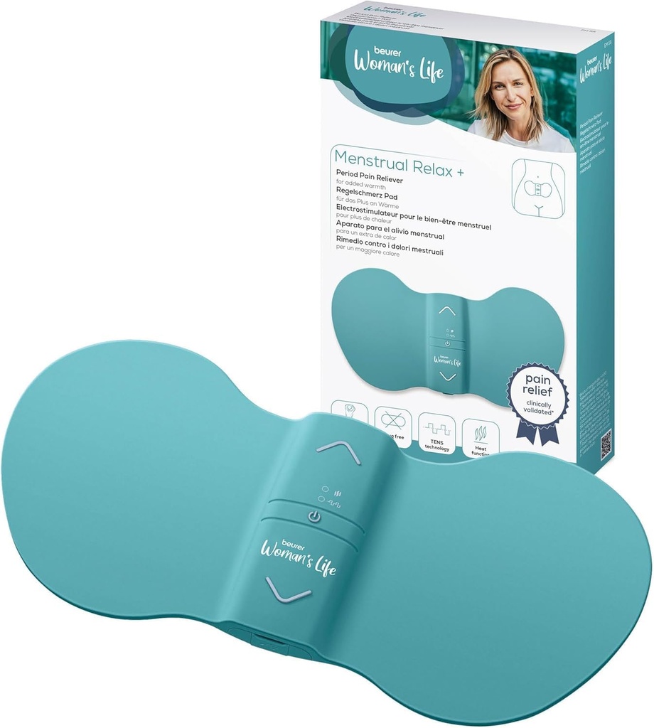 Beurer EM 55 Menstrual Relax+, tampon menstrual cu TENS și funcție de căldură, pentru dureri menstruale și dureri de endometrioză, ameliorare naturală, suprafață de căldură foarte mare, portabil, funcționat cu baterie
