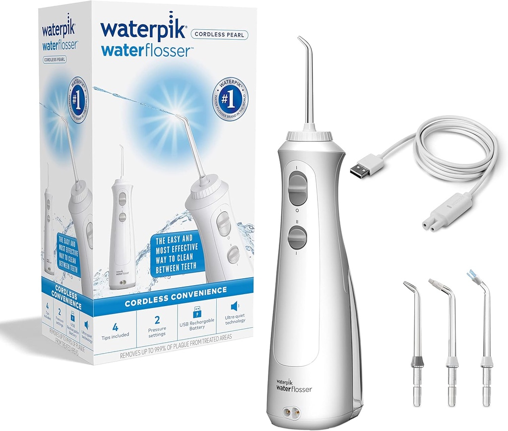 Irigator oral fără fir Waterpik, reîncărcabil, curățare electrică a dinților, ideal pentru îndepărtarea plăcii, pentru călătorie sau acasă - alb