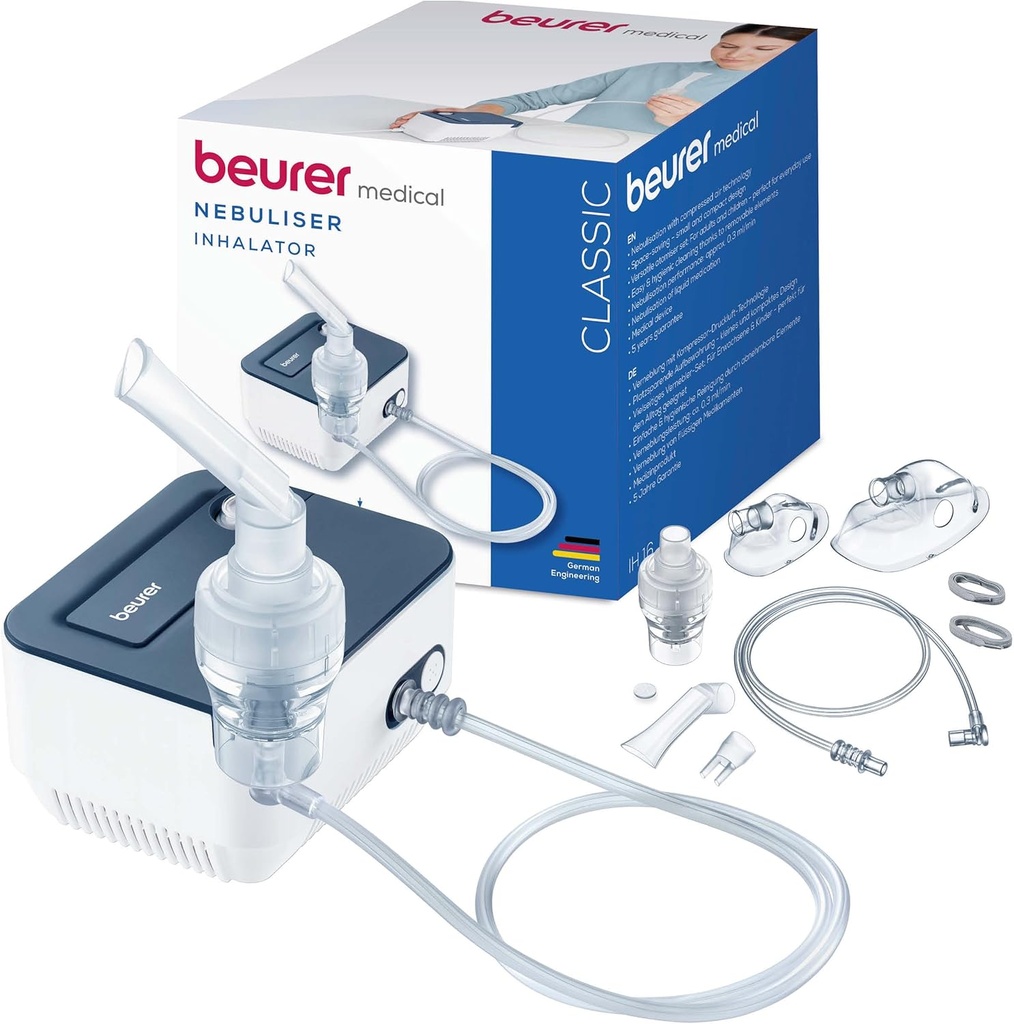 Beurer IH 16 Inhaler, dispozitiv de inhalare pentru copii si adulti, pentru raceli si afectiuni respiratorii ale cailor respiratorii superioare si inferioare, usor de curatat, design compact, gri-alb
