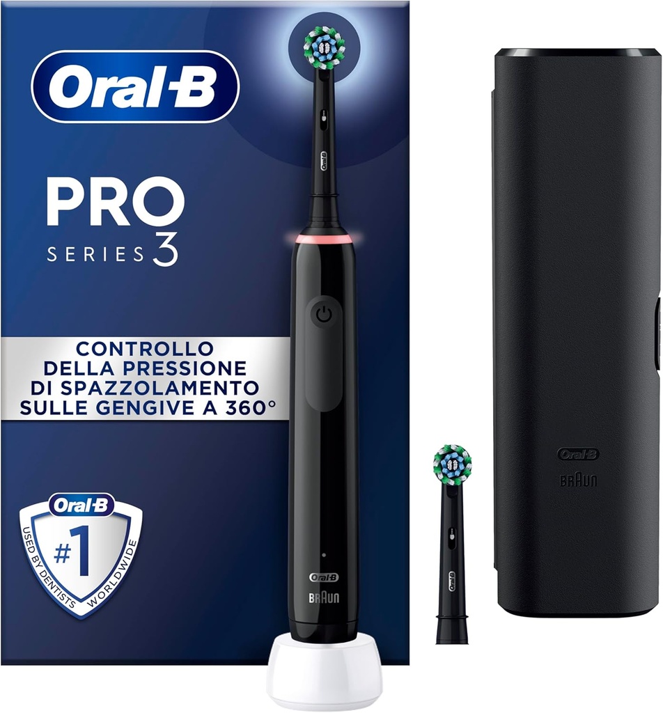 Periuță de dinți electrică Oral-B PRO 3 3500, 2 capete de periaj, cu 3 moduri de periaj și control vizual al presiunii la 360° pentru îngrijirea dentară, husă de călătorie, cadou pentru bărbați/femei, negru