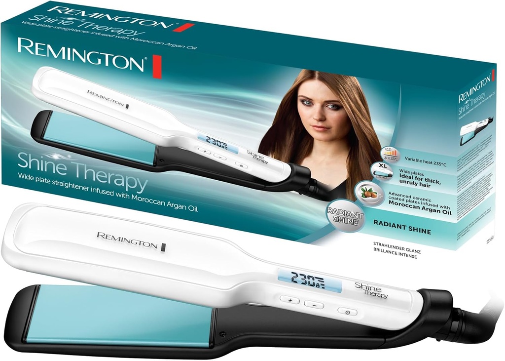 Remington Wide Straightener Shine Therapy (acoperire ceramică de înaltă calitate îmbogățită cu ingrediente micro-active pentru mai multă strălucire - ulei de argan marocan și vitamina E) Ecran LCD, 150-230°C, dispozitiv de îndreptat păr S8550