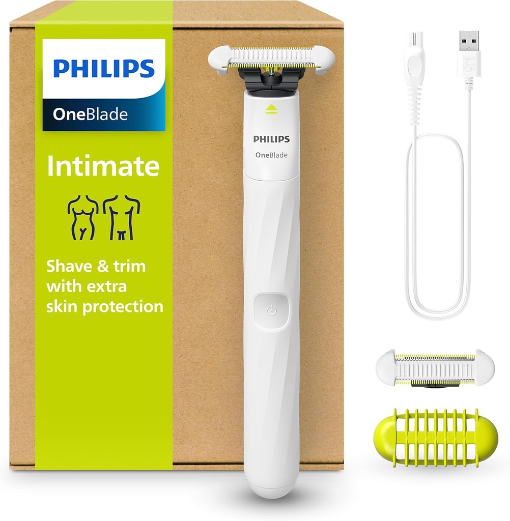 Philips OneBlade Intimate - Aparat de ras intim electric si aparat de tuns pentru barbati si femei, cu protectie suplimentara a pielii, 2x lame SkinProtect, 1x cap de tundere de 3 mm, QP1924/30, alb