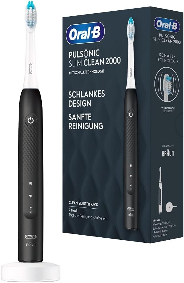 Oral-B Pulsonic Slim Clean 2000 Periuta de dinti electrica sonica, 2 moduri de periaj pentru ingrijirea dentara si gingii sanatoase cu cronometru, proiectata de Braun, negru, 1 bucata (pachet de 1)