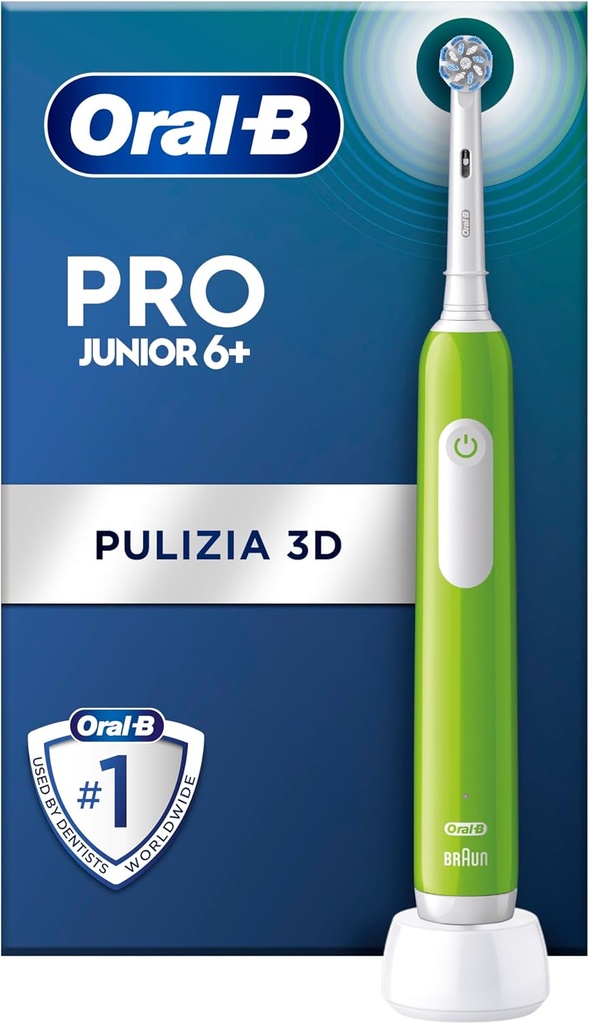 Periuță de dinți electrică Oral-B Pro Junior pentru copii cu vârsta peste 6 ani, senzor de presiune, 3 moduri de periaj inclusiv sensibil pentru îngrijirea dentară, peri moi și cronometru, proiectat de Braun, verde