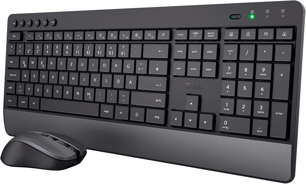 Set tastatura si mouse wireless Trust Trezo, aspect QWERTZ, design durabil, wireless cu mouse fara fir, combo silentios si ergonomic, 48 de luni de viata a bateriei, PC, laptop, negru, 2,4 GHz