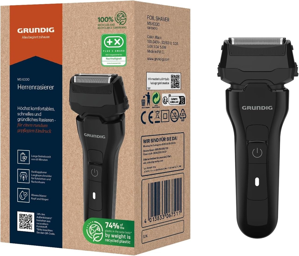 Aparat de ras pentru barbati GRUNDIG MS 6330, timp de functionare 60 min, aparat de tuns par lung pliabil, sistem de taiere cu 3 lame, carcasa din plastic reciclat 74%, utilizare in toata lumea, negru