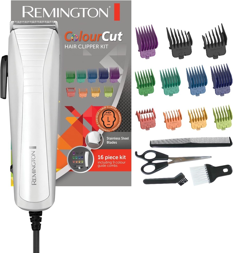 Mașină de tuns Remington cu cablu [funcționare cu cablu, lame auto-ascuțite din oțel inoxidabil cu pârghie de reglare, 0,5-25 mm] Culoarea mașinii de tuns (11 accesorii și piepteni laterali, set de coafură) Mașină de tuns HC5035