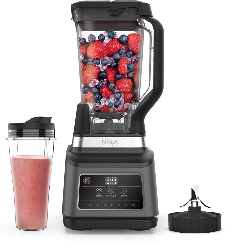 Blender 2 în 1 Ninja, 1200 W, ulcior de 2,1 l, cană 700 ml, 3 programe Auto-iQ: Blend, Max Blend, Crush, 4 setări manuale, lasă la spălat vase, negru, BN750EU