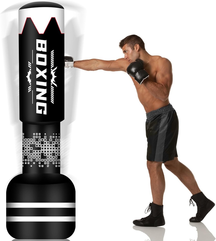 NZQXJXZ Upgrade Design Sac de box pentru adulți în picioare - Sac de box de sine stătător de 180 cm - Sac de box gonflabil pentru antrenament MMA Muay Thai (joc cu gantere triplă)