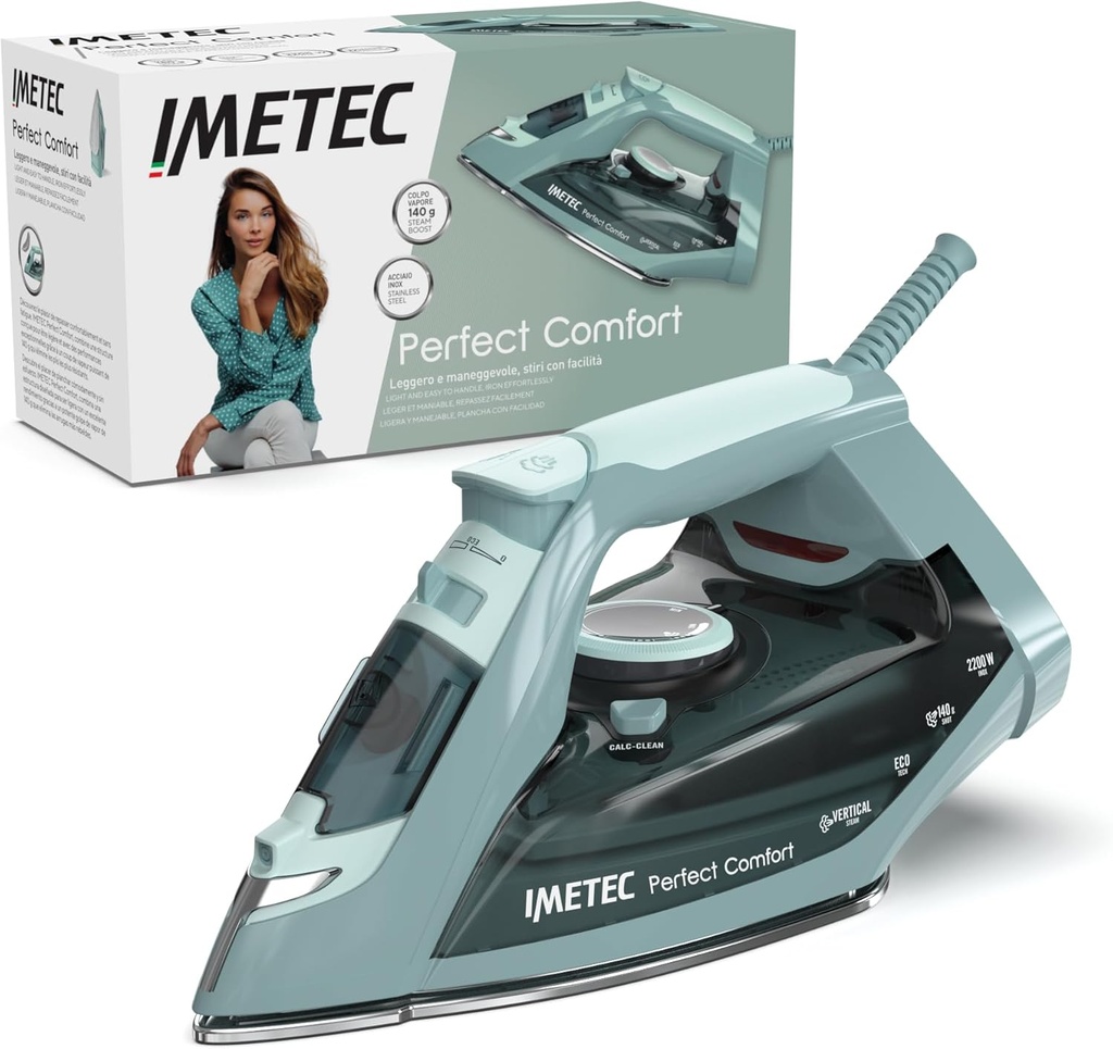Imetec Perfect Comfort - Fier de călcat cu abur - Ușor - Ușor de manevrat - Protecție anticalcar - Putere de abur 140 g - Placă din oțel inoxidabil - 2200 W - Mâner ergonomic - Economie de energie