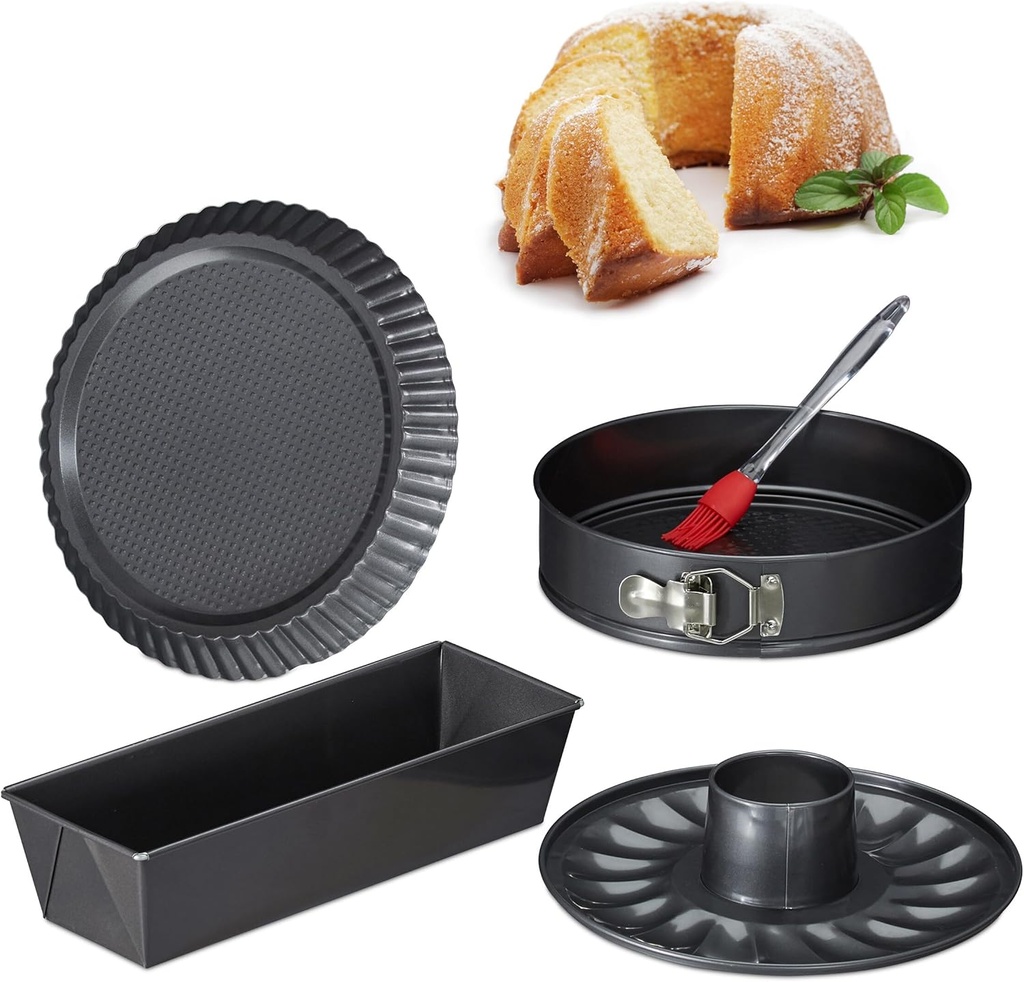 Relaxdays Forno, set de 5, tava pentru tort cu funda de 26 cm, forma pentru tort cu prune, forma pentru tarta, antracit, silicon