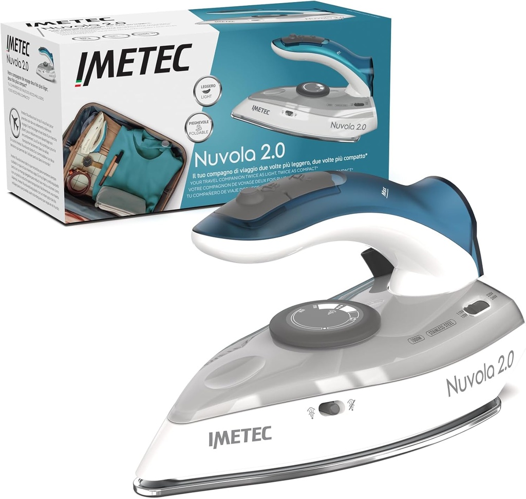 Imetec Nuvola 2.0 - Fier de călcat cu abur de călătorie - Placă din oțel inoxidabil - 1000 W - Compact și ușor - Mâner pliabil - Carcasă de călătorie - Tensiune dublă - 80g Steam Boost