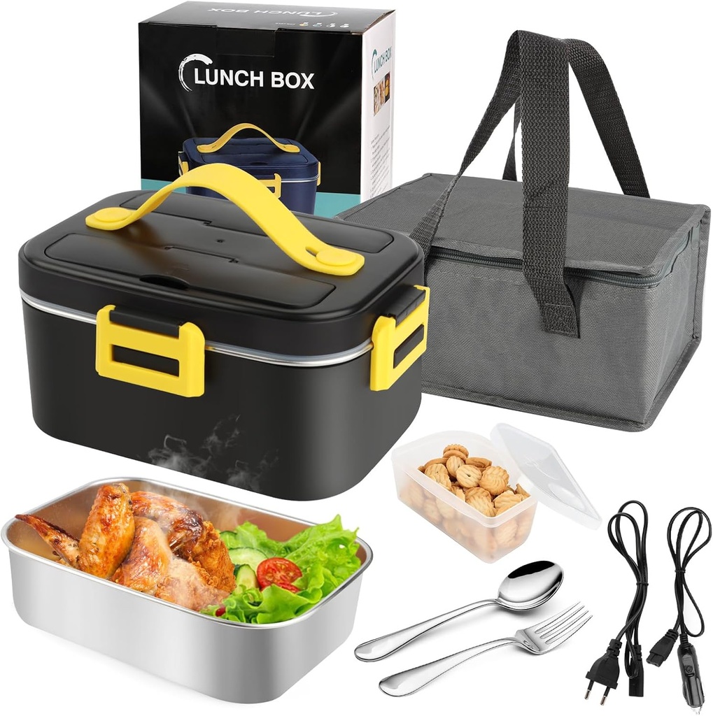 Cutie de prânz electrică pentru mașină/camion/birou, 75W 1.8L Lunch box portabil detașabil din oțel inoxidabil cu sac izolat, 12V/24V/220V