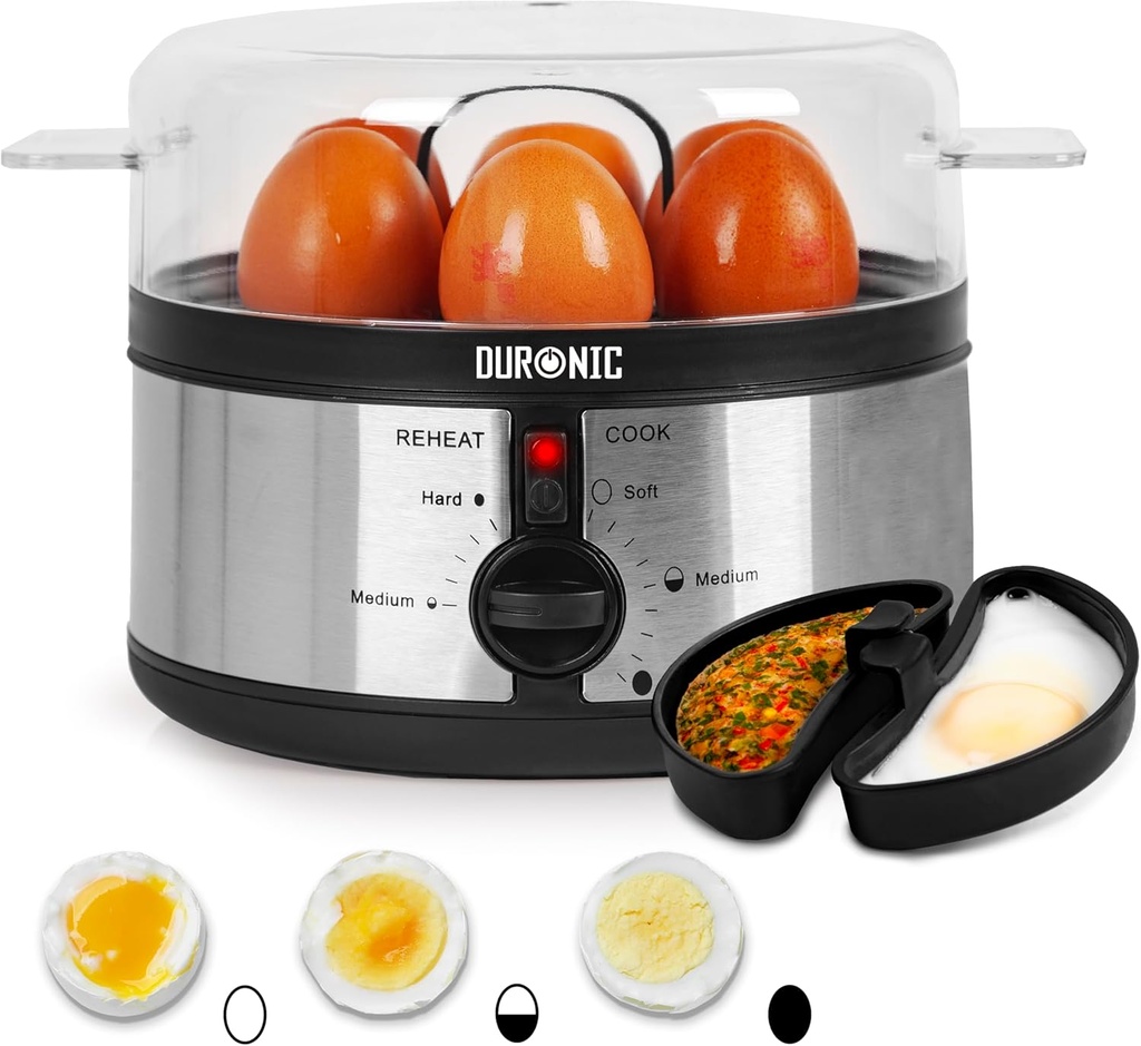 Duronic EB35 BK Arată electrică de ouă 350W Fier de ouă pentru până la 7 ouă Fier de ouă pentru ouă fierte medii Fierte de ouă cu 2 tăvi pentru omletă și ouă poșate Machine de omletă Arată ouă
