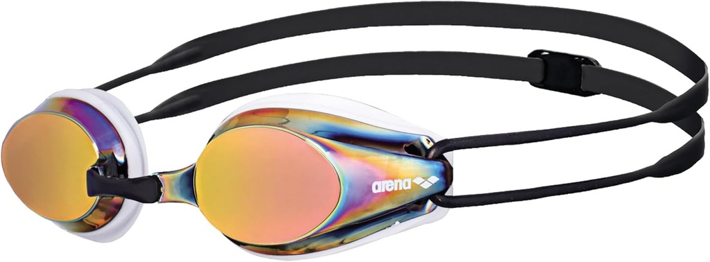 Arena Tracks Mirror Ochelari de înot pentru curse unisex pentru adulți, ochelari de piscină cu lentile în oglindă anti-aburire, protecție UV, 4 tampoane interschimbabile pentru nas, garnituri din silicon