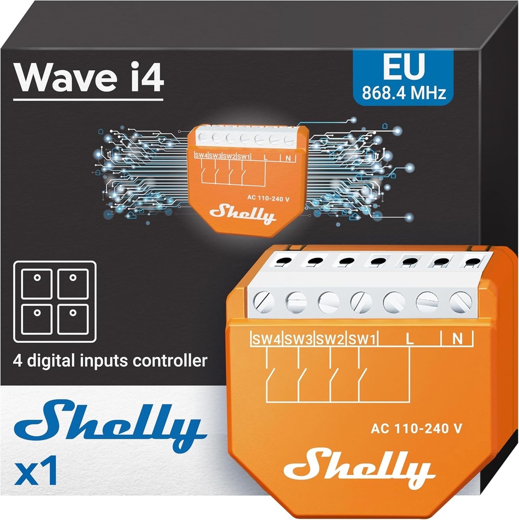 Shelly Wave i4 | Controler inteligent Z-Wave cu 4 intrari digitale | Home Automation | Control avansat | Consum redus de energie | Z-Wave Gateway Necesar | Raza wireless extinsa