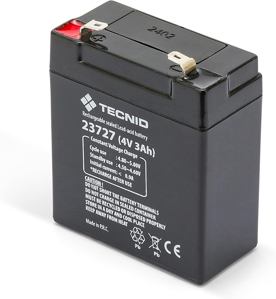 Baterie reincarcabila cu plumb sigilata Tecnid by Velamp 4V 3Ah - Conexiuni Faston F1 - Ideala pentru sisteme de rezerva, alarma, supraveghere video, prevenire a incendiilor, automatizare a locuintei si sisteme UPS