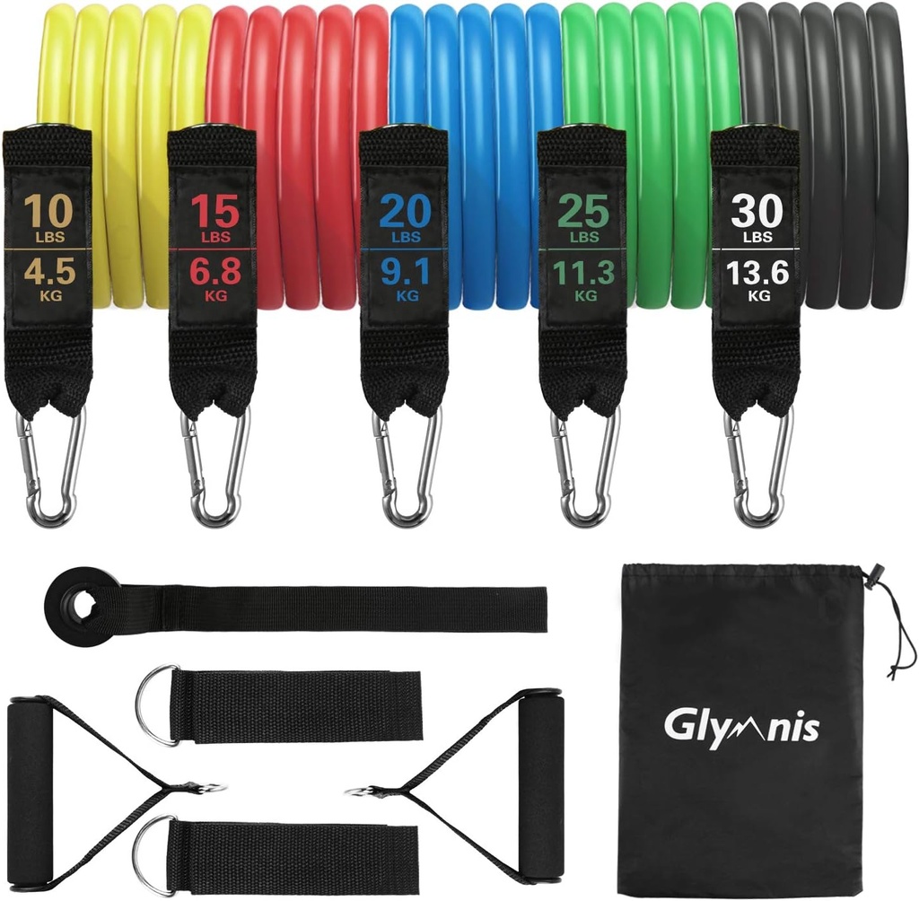 Benzi de rezistență Glymnis, set de benzi de rezistență TPE din 5 bucăți, benzi de rezistență de 100 lb cu manual, potrivite pentru antrenamentul acasă, yoga, pilates și fizioterapie