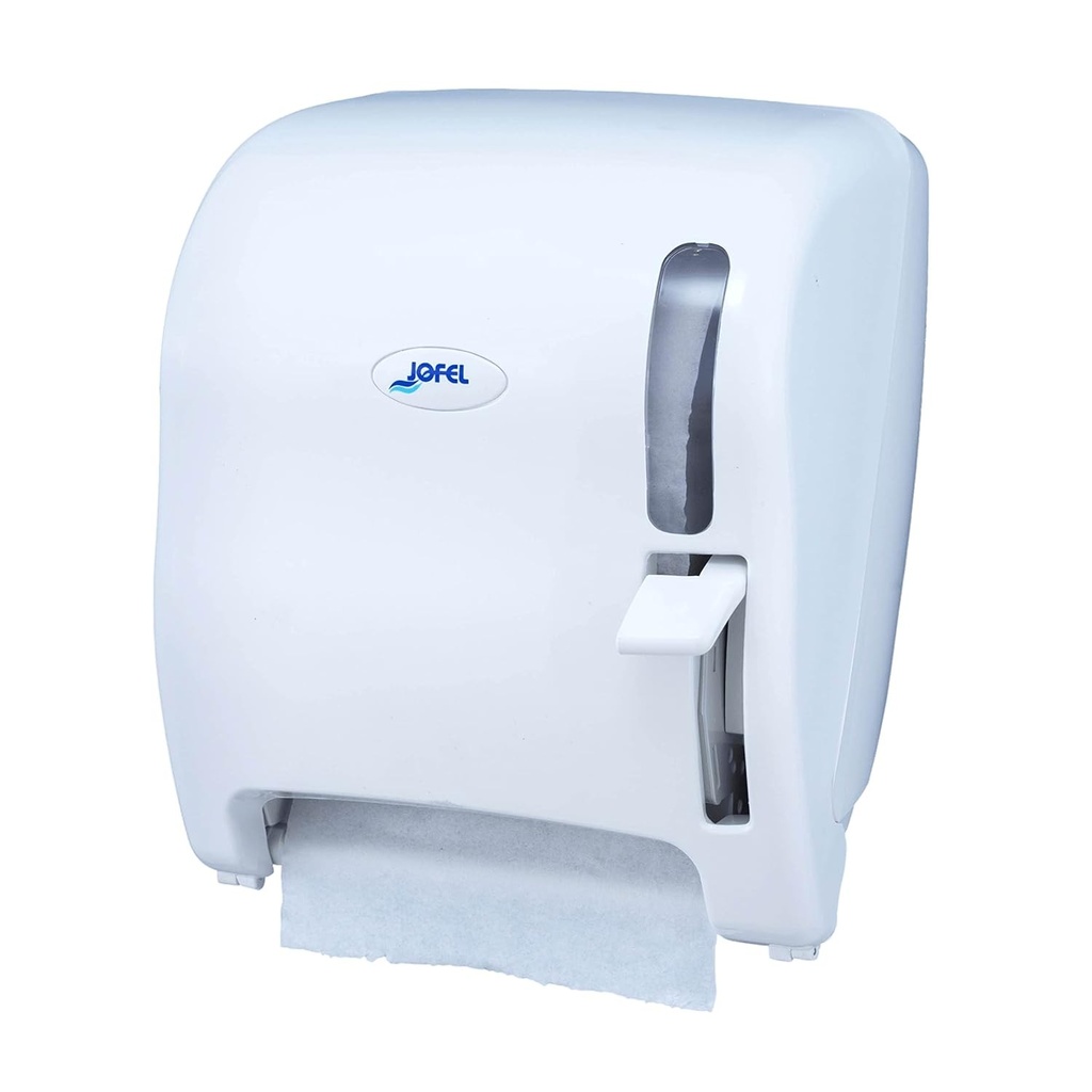 Jofel - AG16500 Azur, Dozator continuu de hartie, Maneta, Role de pana la 220 mm in diametru si miez de 35 si 45 mm, Blocare cheie, Fabricat din ABS alb
