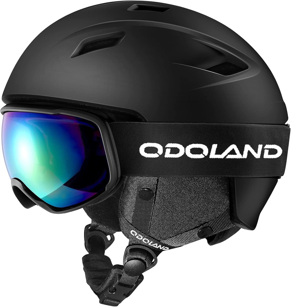 Set casca de schi si ochelari de schi Odoland Casca de snowboard cu ochelari de snowboard pentru adulti, ochelari de protectie UV 400 rezistenta la vant Ochelari de snowboard pentru schi alpinism Negru M