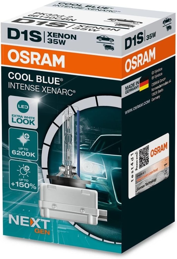 Osram XENARC Cool Blue Intense D1S, +150% mai multa luminozitate, pana la 6.200 K, bec far xenon, aspect LED, cutie pliabila (1 bec), alb, cutie pliabila din carton