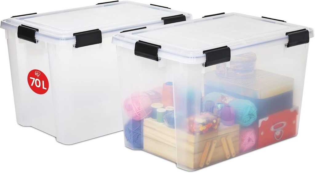 Iris Ohyama Cutii de depozitare din plastic etanse cu capace, 70L, set de 2, transparente, etansare ermetica, incuietori robuste, stivuibile, rezistente la praf, fara BPA, AT-LD