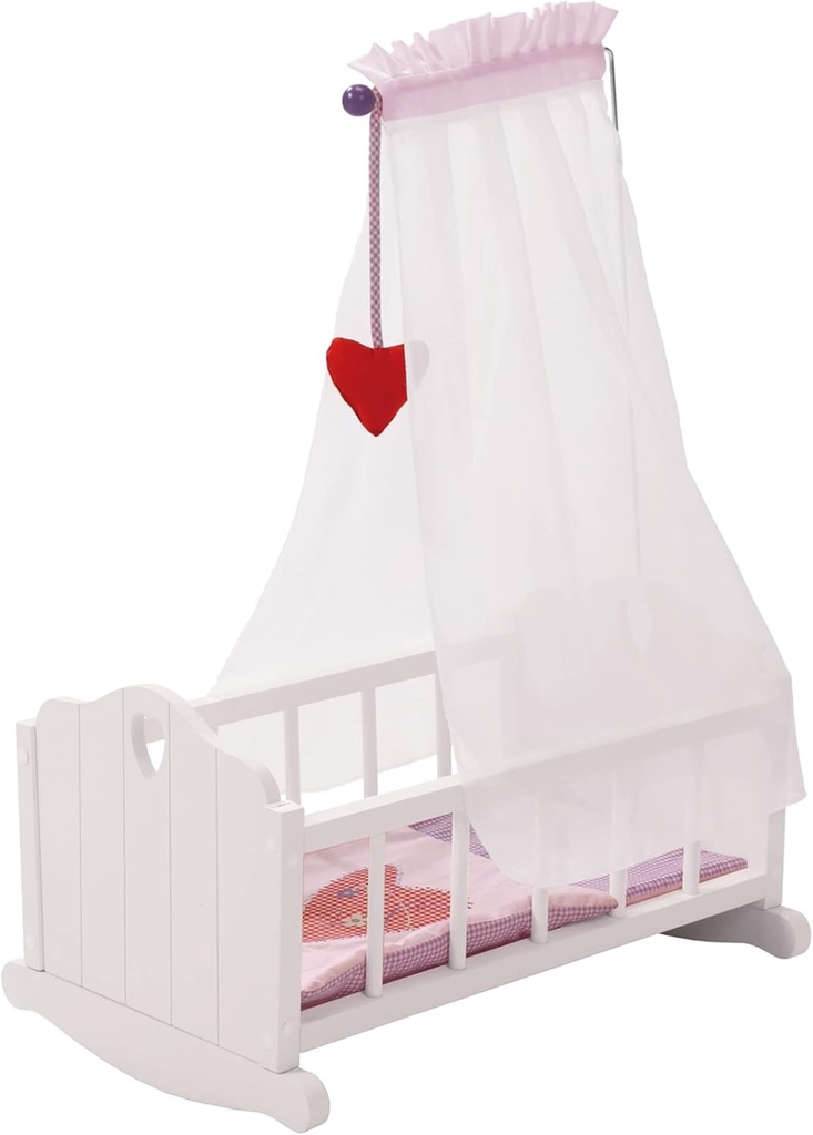 leagan de papusa roba din seria de mobilier pentru papusi "Fienchen", pat de papusa pentru leagan inclusiv echipament textil, lenjerie de pat si baldachin, accesorii pentru papusi, vopsit in alb