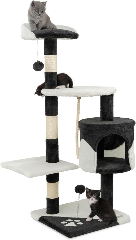 Arborele de pisică lionto cu 2 mingi de pluș și funie de joacă, înălțime 112 cm, cu funie de sisal și plus, suprafață de odihnă și peșteră, suport pe perete inclus, pentru pisici mici și mari, negru/alb