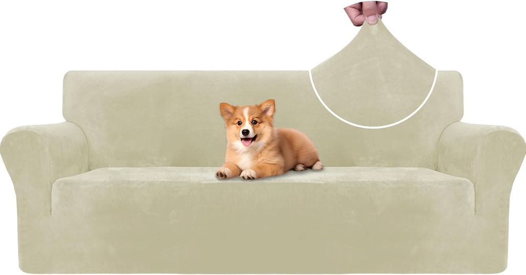 CYCMACO Husa de canapea din catifea 3 locuri, husa de canapea elastica, husa de canapea animal de companie, pisica caine, husa de canapea universala moderna, husa de canapea cu cotiere, protectie de canapea anti-alunecare, bej