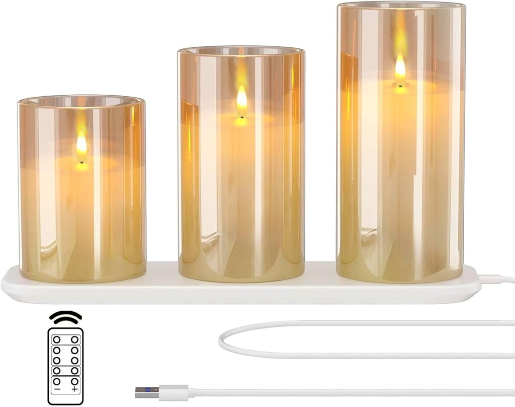 Lumânări LED fără flacără EXTSUD, set de 3 cu stație de control de la distanță și funcție de cronometru, lumânări reîncărcabile de advent pentru decorațiuni de Crăciun, galben