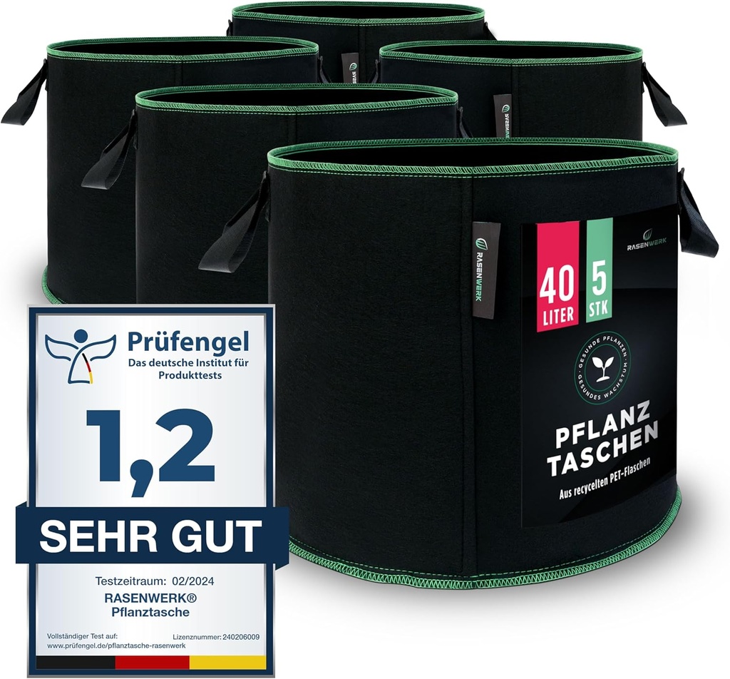 RASENWERK® - Sac de plantare nețesut de 40 de litri - Sac de plantare pentru grădină, seră și balcon - Sac de plantare pentru flori, roșii și plante - Alternativă ideală la ghivece - 5 bucăți