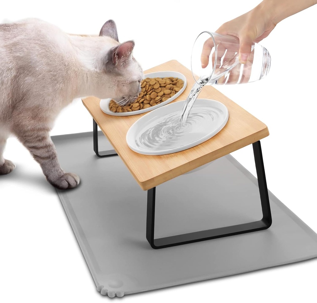 Bol Ridicat pentru Pisici Lannvan - Bol din ceramică pentru hrănire pentru pisici cu covoraș din silicon - Stație de hrănire ergonomică înclinată la 15° Bol pentru pisici pentru câini - Bol pentru hrană și apă de 350 ml pentru câini de talie mică